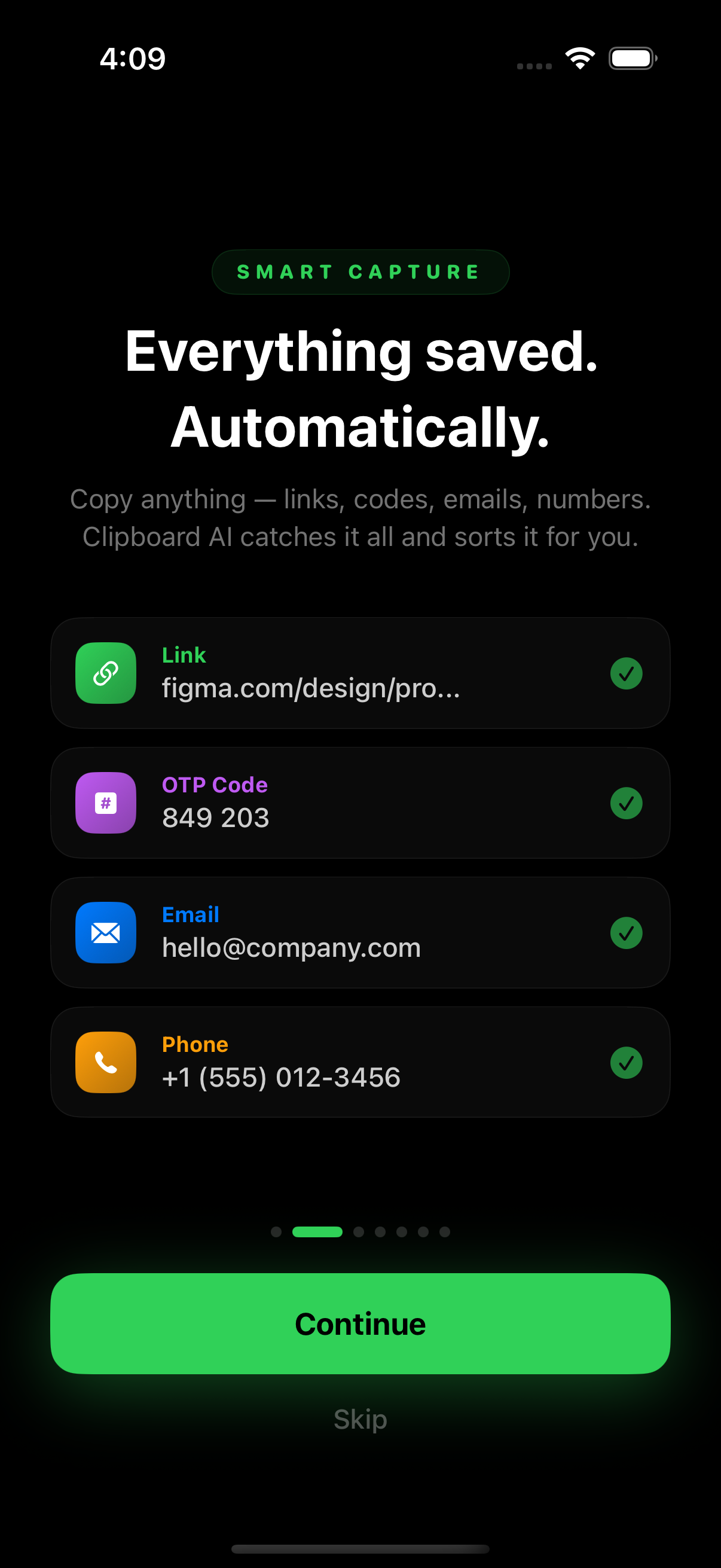 Smart Capture - auto-saves links, codes, emails, phone numbers